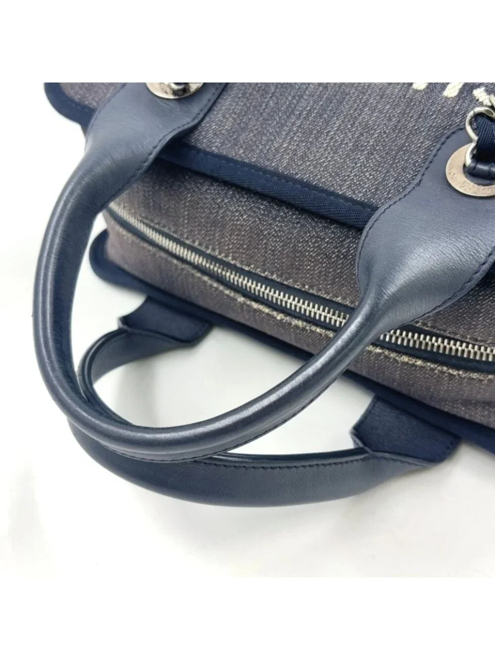 Chanel Deauville Line Bowling 2-Way Leather Denim Navy Blue Handbag Silver